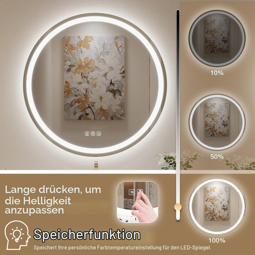 Badspiegel Mit Beleuchtung Rund 70cm, Badezimmerspiegel Mit Beleuchtung Bluetooth Spiegel, Antibesch