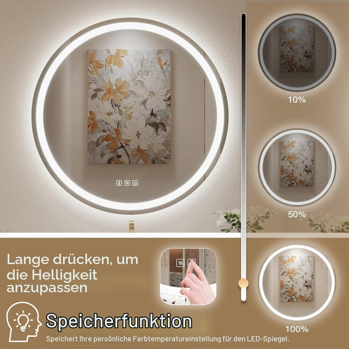 Badspiegel Mit Beleuchtung Rund 70cm, Badezimmerspiegel Mit Beleuchtung Bluetooth Spiegel, Antibesch