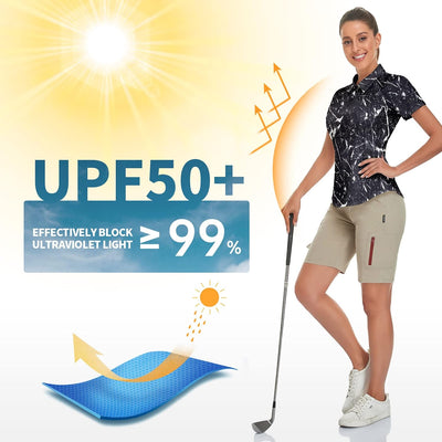 Soneven Atmungsaktiv Poloshirt Damen Leichtes Sportshirt Tailliert Karierte Bluse UPF 50+ Kurzarm 1/