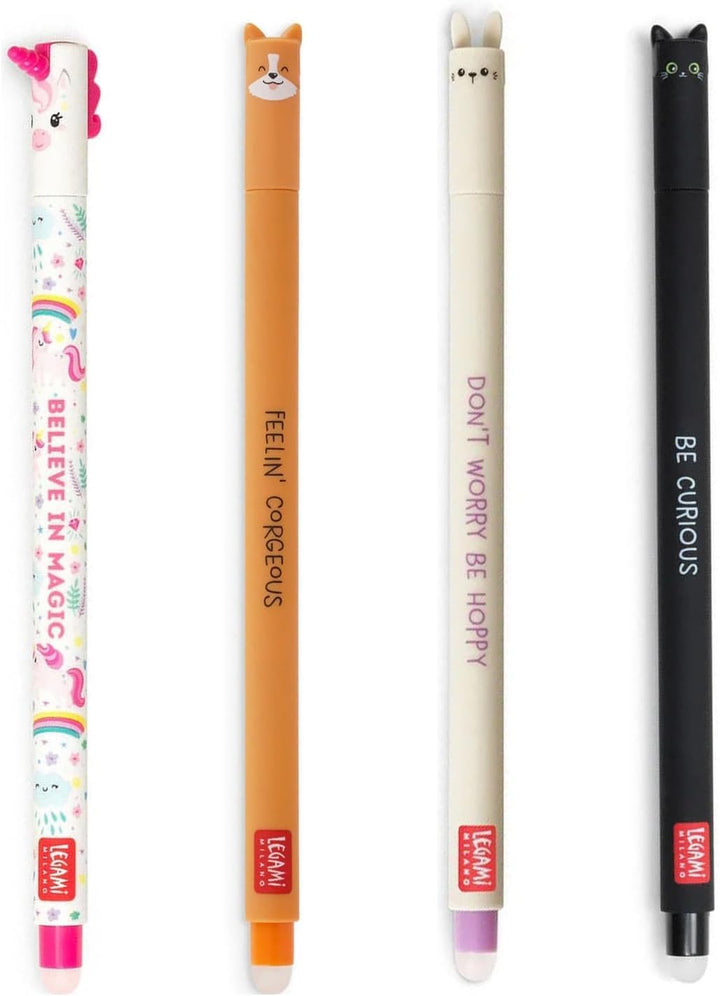 LEGAMI - 4er Set Gel-Radierstifte, Cute, Stifte mit radierbarer Tinte, Kätzchen, Biene, Häschen und