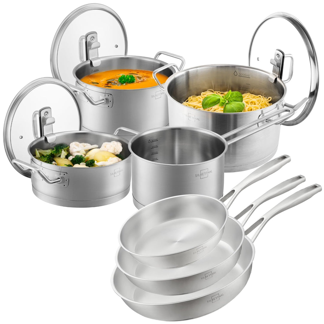 SILBERTHAL Pfannen- und Topfset 9 teilig - Unbeschichtet - Edelstahl - Kochtopf 2,5l,3,5l, 5l und Pf