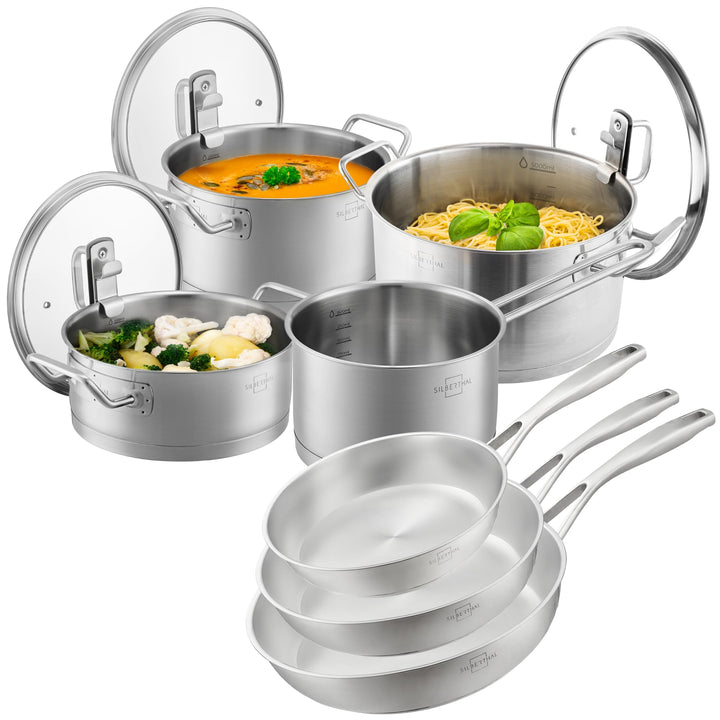 SILBERTHAL Pfannen- und Topfset 9 teilig - Unbeschichtet - Edelstahl - Kochtopf 2,5l,3,5l, 5l und Pf