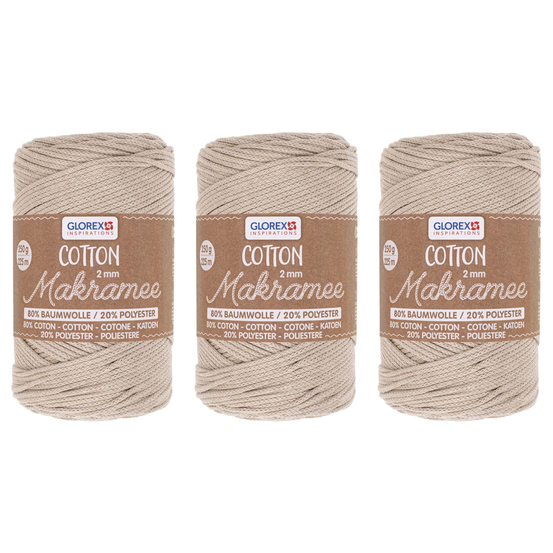 GLOREX 5 1008 50 - 3er Set Makramee Cotton aus 80 % Baumwolle & 20 % Polyester, je 250 g in Taube ,