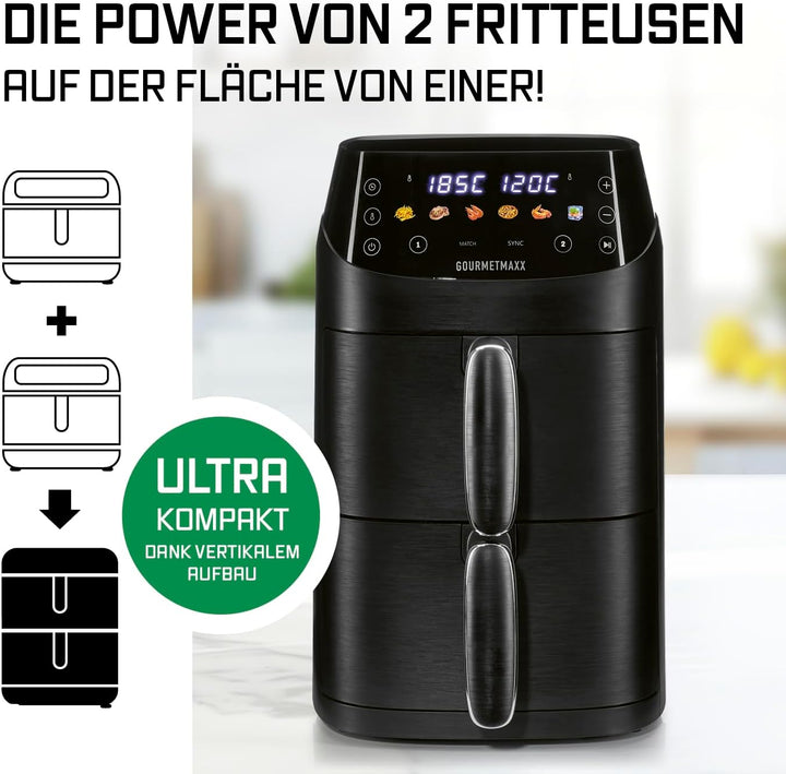 GOURMETmaxx FryUp Vertikale Doppelkammer Heissluftfritteuse XS | Airfryer mit MultiColour-LED-Touchd