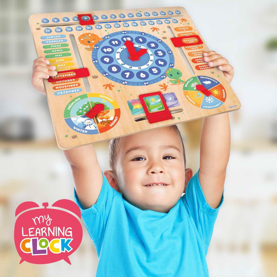 CRAZE My Learning Clock Dino - Lernuhr für Kinder aus Holz, Kalenderuhr zum Lernen für Kinder, Lernt