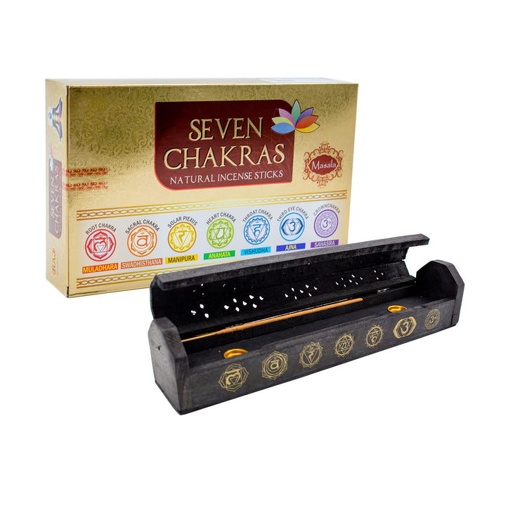 Set 7 Chakren: Masala Räucherstäbchen 7 Chakras inkl. Räucherstäbchen-Box mit Chakra Symbolen aus Ro