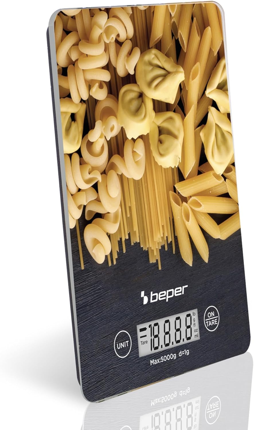 BEPER P102BIL003 Digitale Waage, Platte aus gehärtetem Glas, Küchenwaage mit LCD-Display und Touch-T