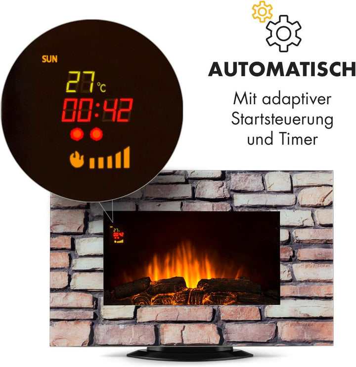 Klarstein Colmar - Elektrischer Kamin, E-Kamin, Elektrokamin, Heizlüfter, Glas, bis 2000 Watt, 7 LED