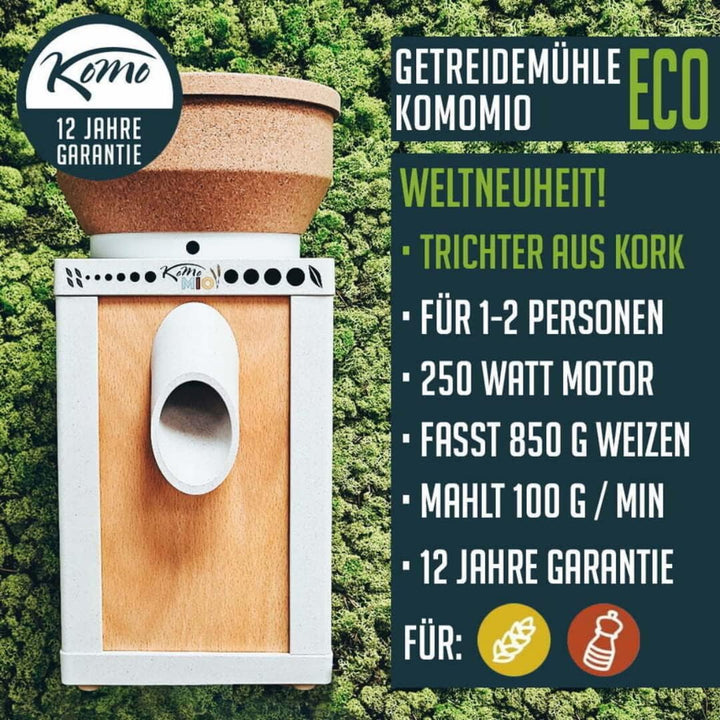 KoMo KoMoMio ECO Getreidemühle elektrisch - Holz, Arboblend® mit Korktrichter - 250W Motorleistung -