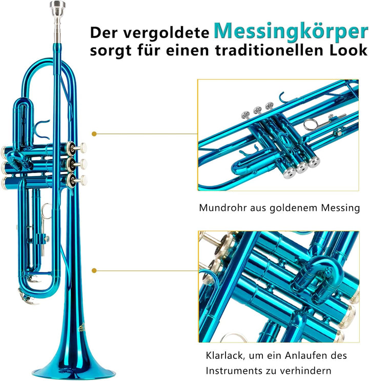 EASTROCK Trompete BB Standard Trompete Kit mit Tragetasche, Handschuhe, Mundstück, Reinigungsset, Tu