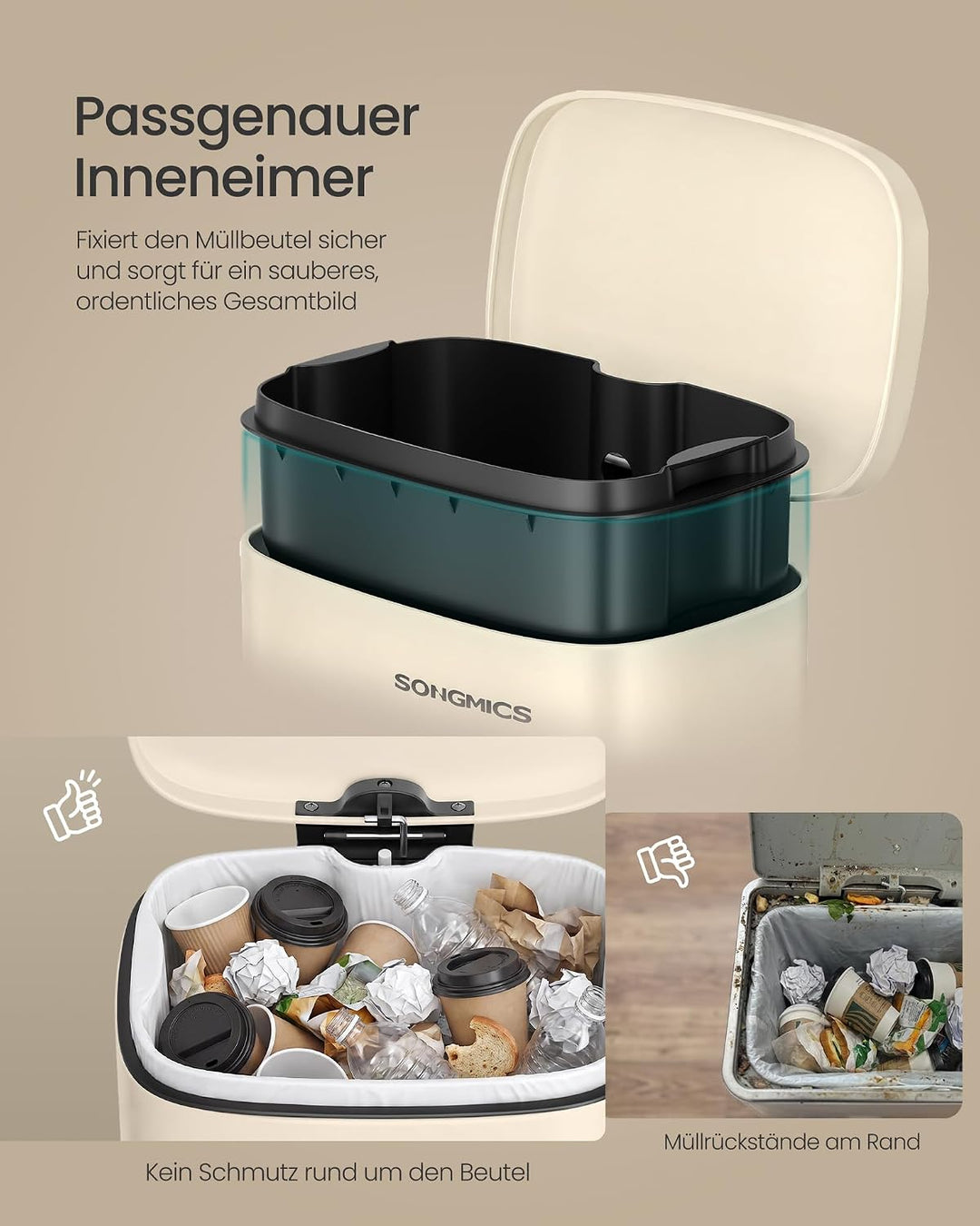 SONGMICS Mülleimer, Tretmülleimer aus Stahl, Abfalleimer mit Deckel und Inneneimer, 12 L, 38,4 x 28,