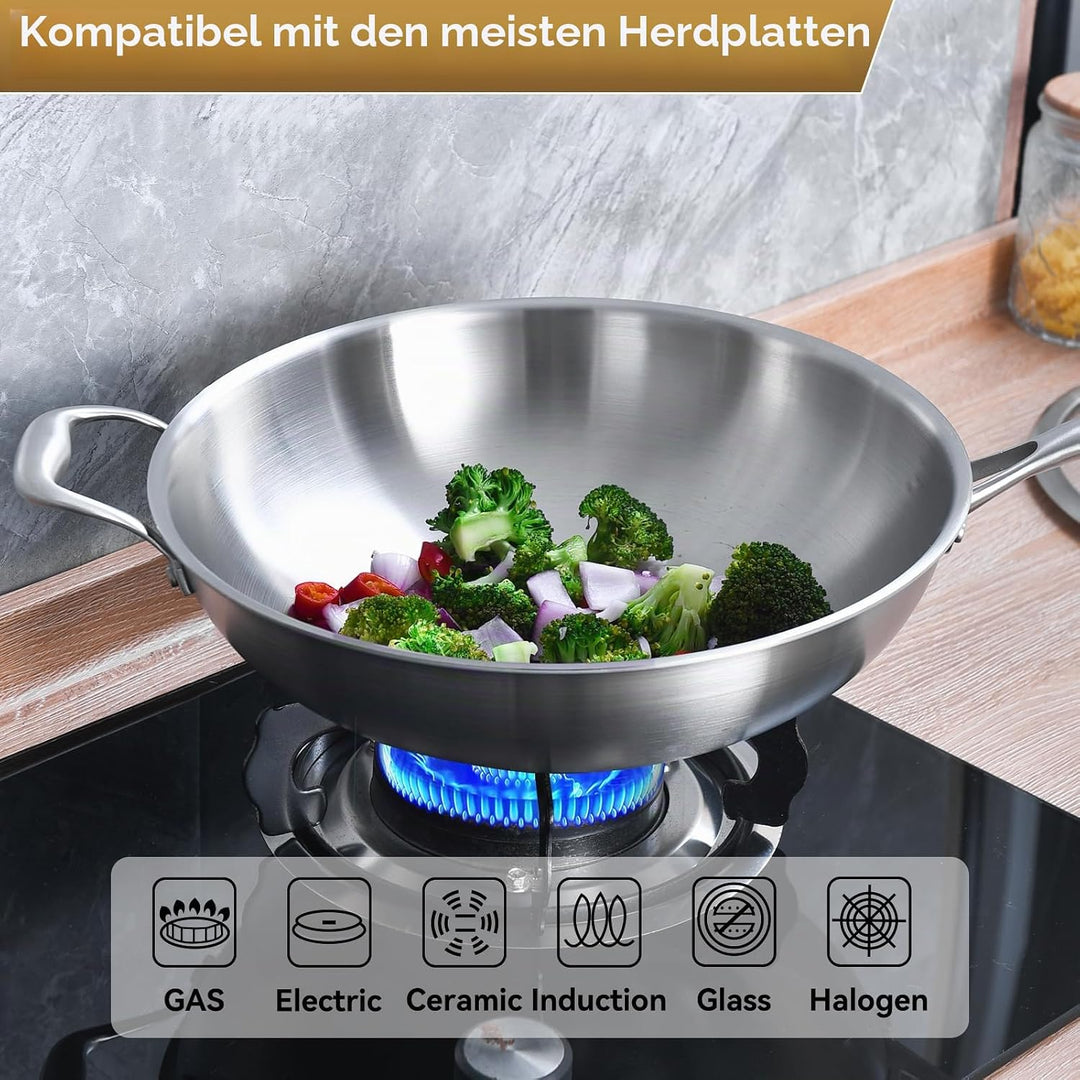 LOLYKITCH 32 cm dreilagige Edelstahl-Wokpfanne mit Deckel, Stri-Bratpfanne, Induktionspfanne, spülma