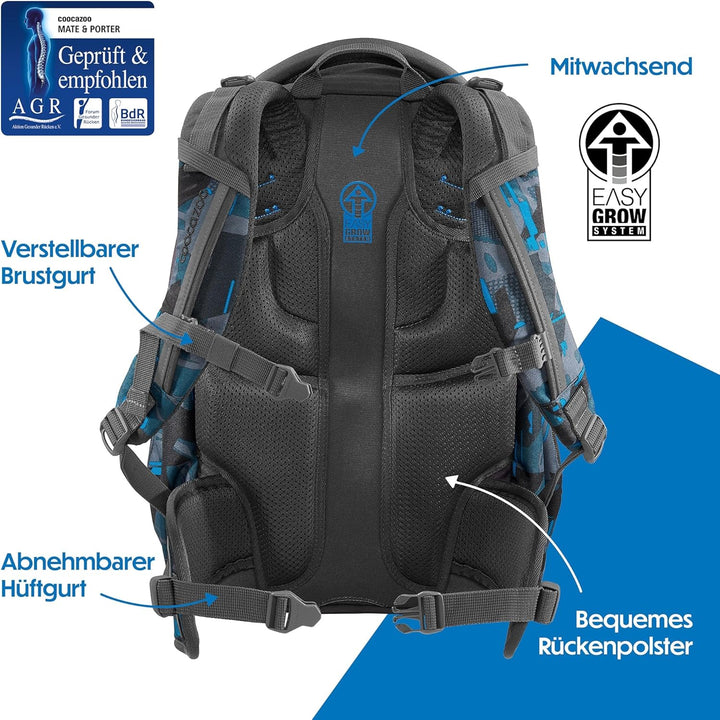 coocazoo Schulrucksack Mate, Blue Craft, blau,ergonomischer & anpassbarer Tornister, höhen- & grösse