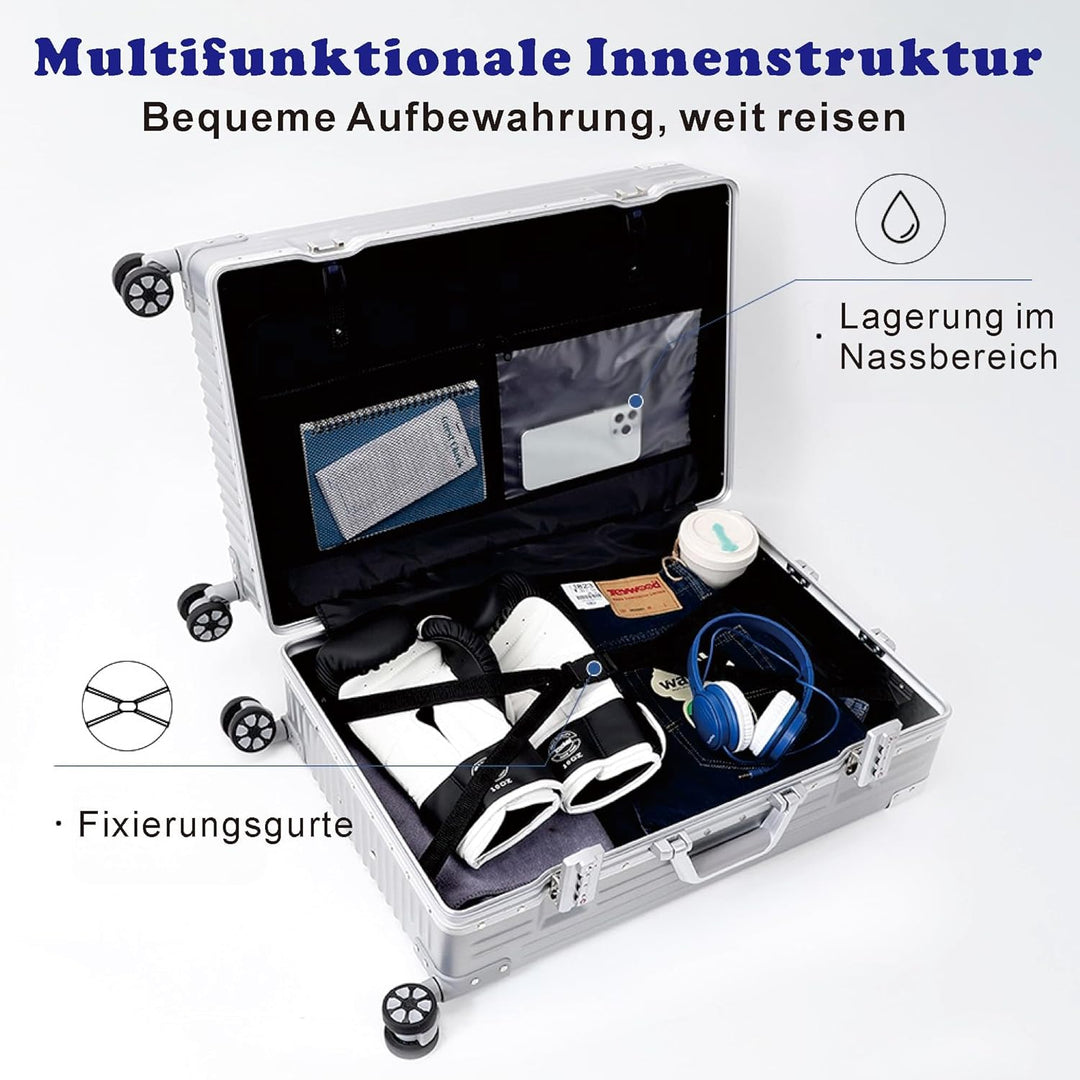 Aoliwei Aluminiumrahmen Koffer M (57cm) Handgepäck – Leichter 100% PC Hartschalen-Trolley in Metall-