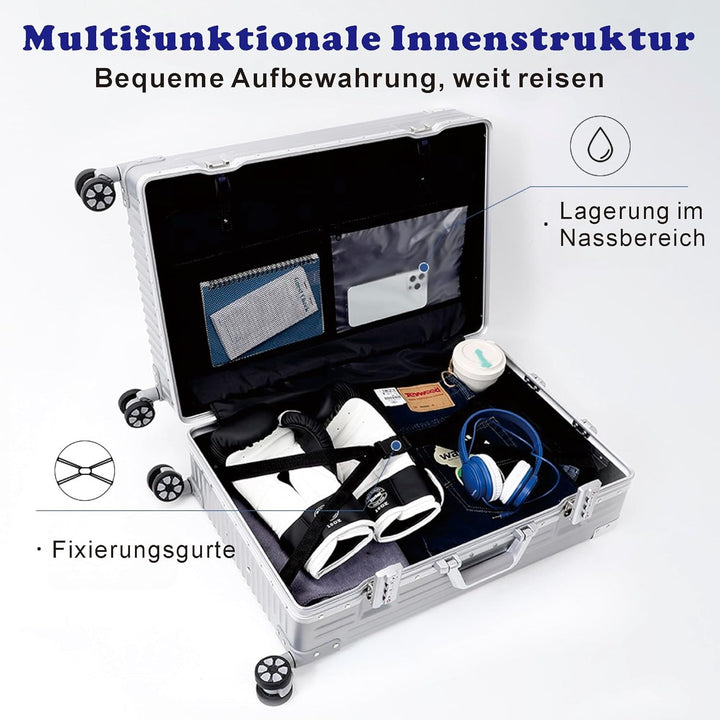 Aoliwei Aluminiumrahmen Koffer M (57cm) Handgepäck – Leichter 100% PC Hartschalen-Trolley in Metall-