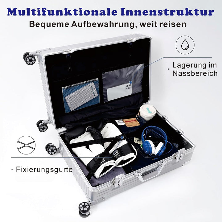 Aoliwei Aluminiumrahmen Koffer M (57cm) Handgepäck – Leichter 100% PC Hartschalen-Trolley in Metall-