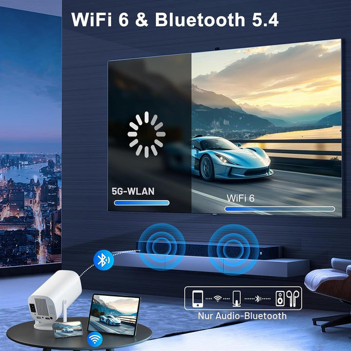 Mini Beamer 4K Full HD 1080P, Projektor Tragbarer mit WiFi 6 und Bluetooth 5.4, Beamer Klein Project