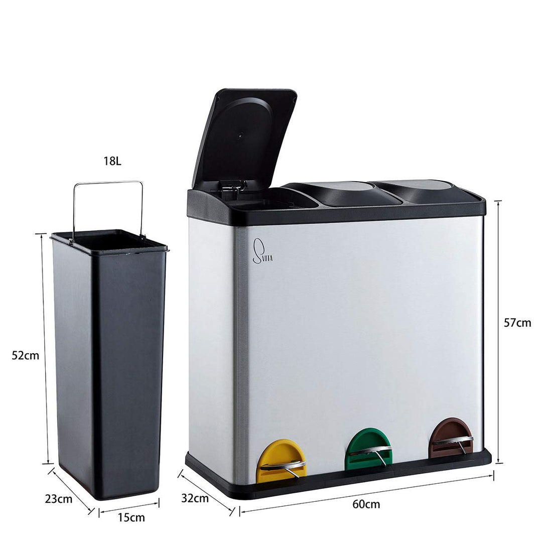 SVITA TC3X20 Edelstahl Treteimer 60 Liter Silber 3x20L dreifach XXL Abfalleimer 3er-Mülleimer Mülltr