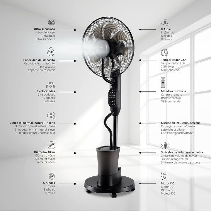 Ufesa Mist Fan VNDC Vernebler Ventilator, Ultra Silent, Fernbedienung, 3 Modi, Timer, 9 Geschwindigk