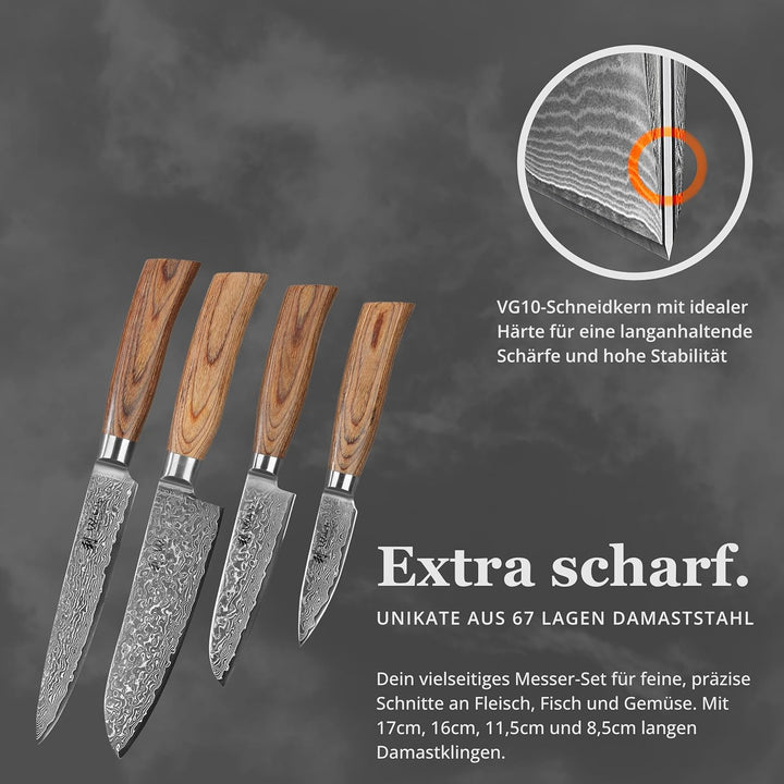 Wakoli EDIB Pro 4er Damastmesser-Set mit Messerblock mit 8-17cm Klingen gefertigt aus 67 Lagen echte