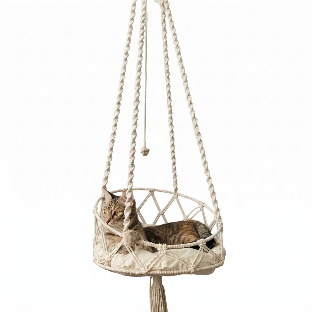 Handgewebte hängende Katzenbett-Hängemattenschaukel mit weichem Kissen und Bommel, Wand- oder Fenste