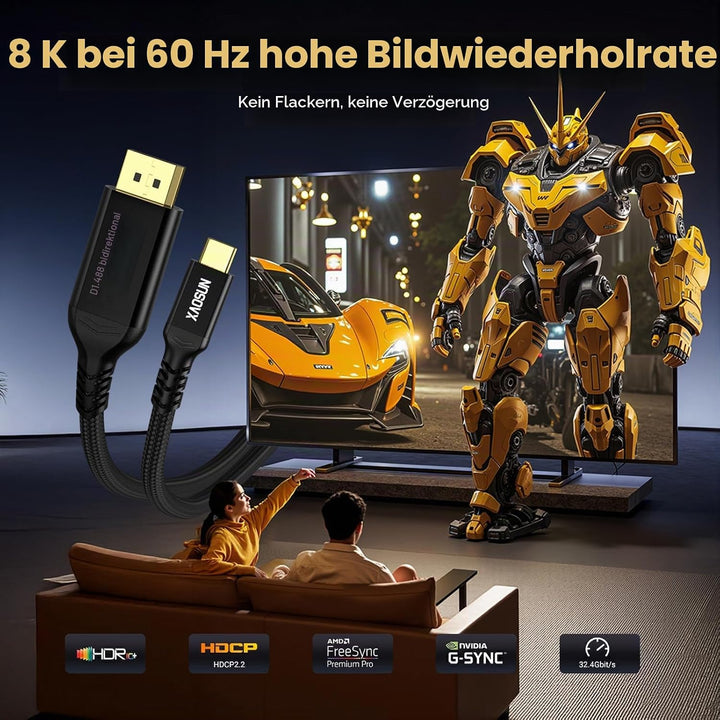 XAOSUN 32.4Gbps USB C auf DisplayPort Kabel-2M,8K@60Hz Bidirektionaler DisplayPort 1.4 auf USBC [4K@