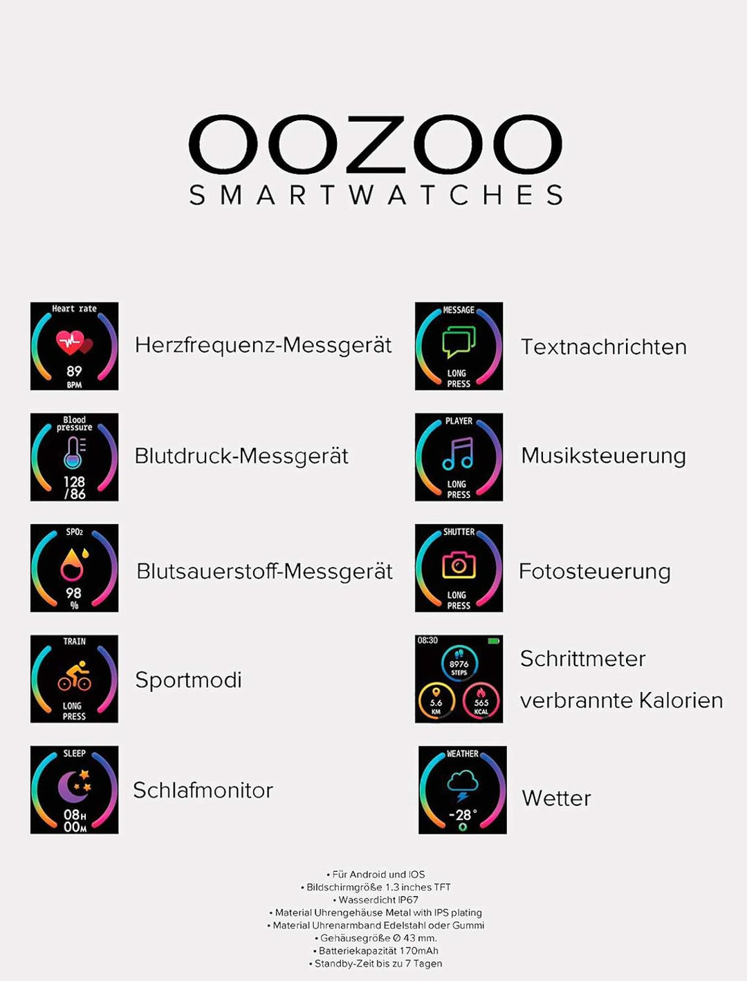 Oozoo Smartwatch Unisex Fitnessuhr (Schwarz/Gold), Schwarz/Gold