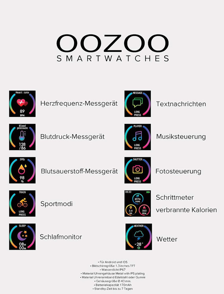 Oozoo Smartwatch Unisex Fitnessuhr (Schwarz/Gold), Schwarz/Gold