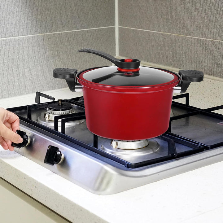 Angoily Niederdrucktopf 23cm Rot mit Glasdeckel Mikrowellen Schnellkochtopf aus Bruchfestem Material