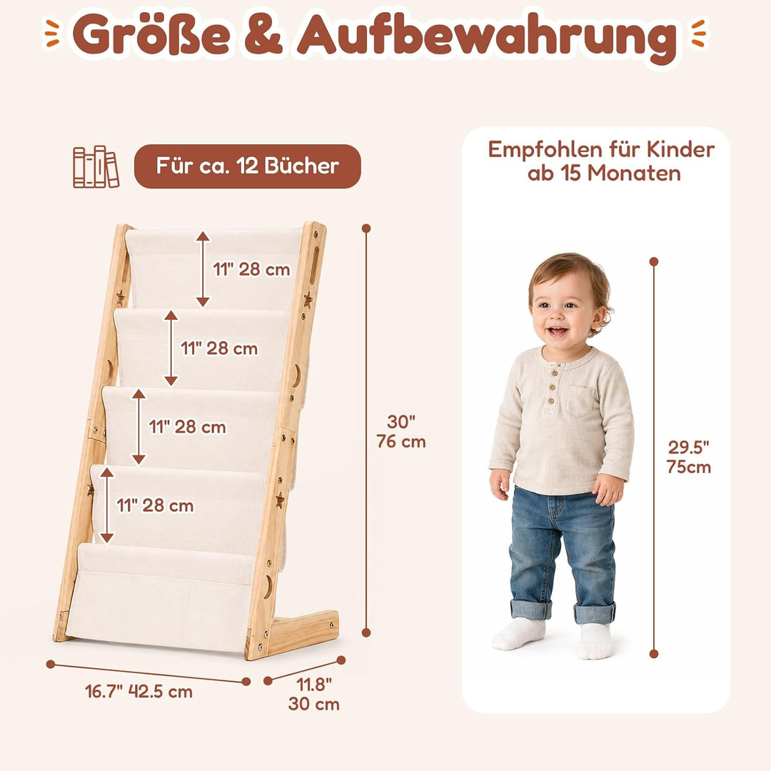 COSYLAND Bücherregal Kinder aus Kiefernholz, 4 Tiefe Fächer für Übersicht | Cover frontal sichtbar,