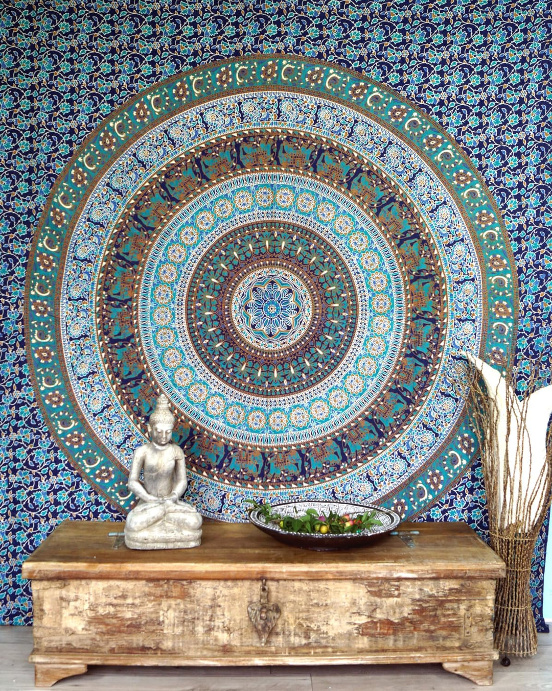 GURU SHOP Boho-Style Wandbehang, Indische Tagesdecke Mandala Druck- Blau/grün, Mehrfarbig, Baumwolle