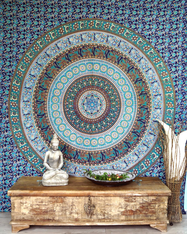 GURU SHOP Boho-Style Wandbehang, Indische Tagesdecke Mandala Druck- Blau/grün, Mehrfarbig, Baumwolle