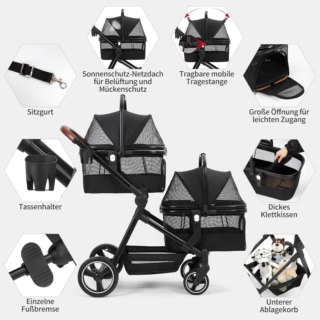 Hundewagen 3-In-1 Faltbar 22 kg Doppelstock Tiertransport | Abnehmbare Boxen, Schwenkräder, Sicherhe