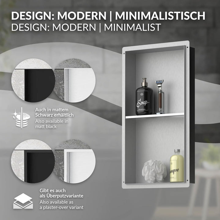 LuxeBath Wandnische Doppel aus Edelstahl, 30x60x10 cm, Silber, Duschnische, Randlos, Einbauregal, Fl