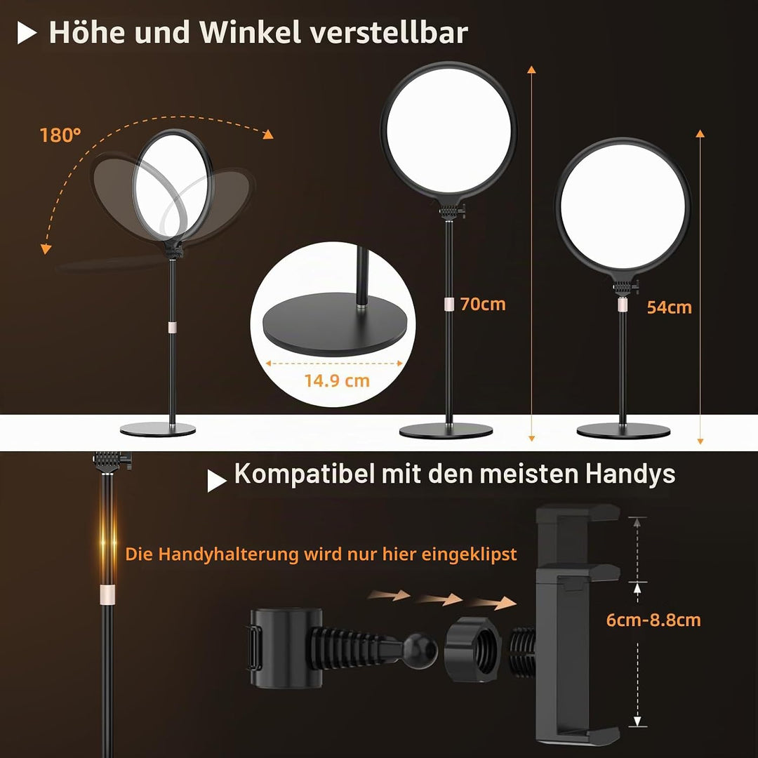 LUXCEO Key Light,10" Selfie Licht Set mit Ständer und Telefonhalter,10W 3000-6000K Dimmbares Vollbil