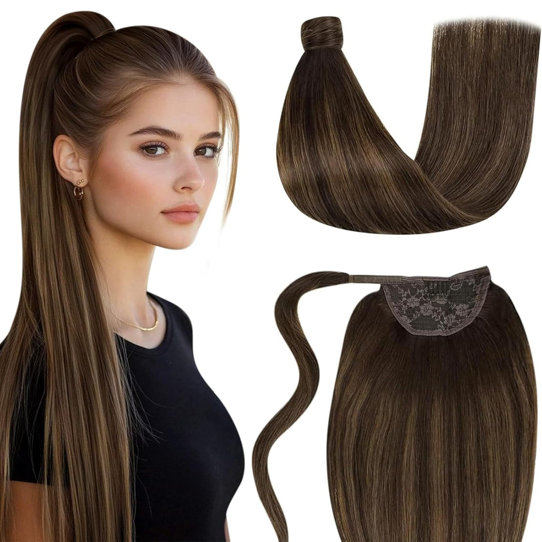LaaVoo Balayage Braun Zopf Echthaar 45cm Extensions Echthaar Zopf Remy Human Hair 80g Glatt Ponytail
