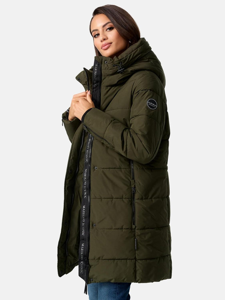 MARIKOO Damen Wintermantel Warmer Steppmantel lang mit Kapuze und hohem Kragen Karumikoo XVI XS-3XL