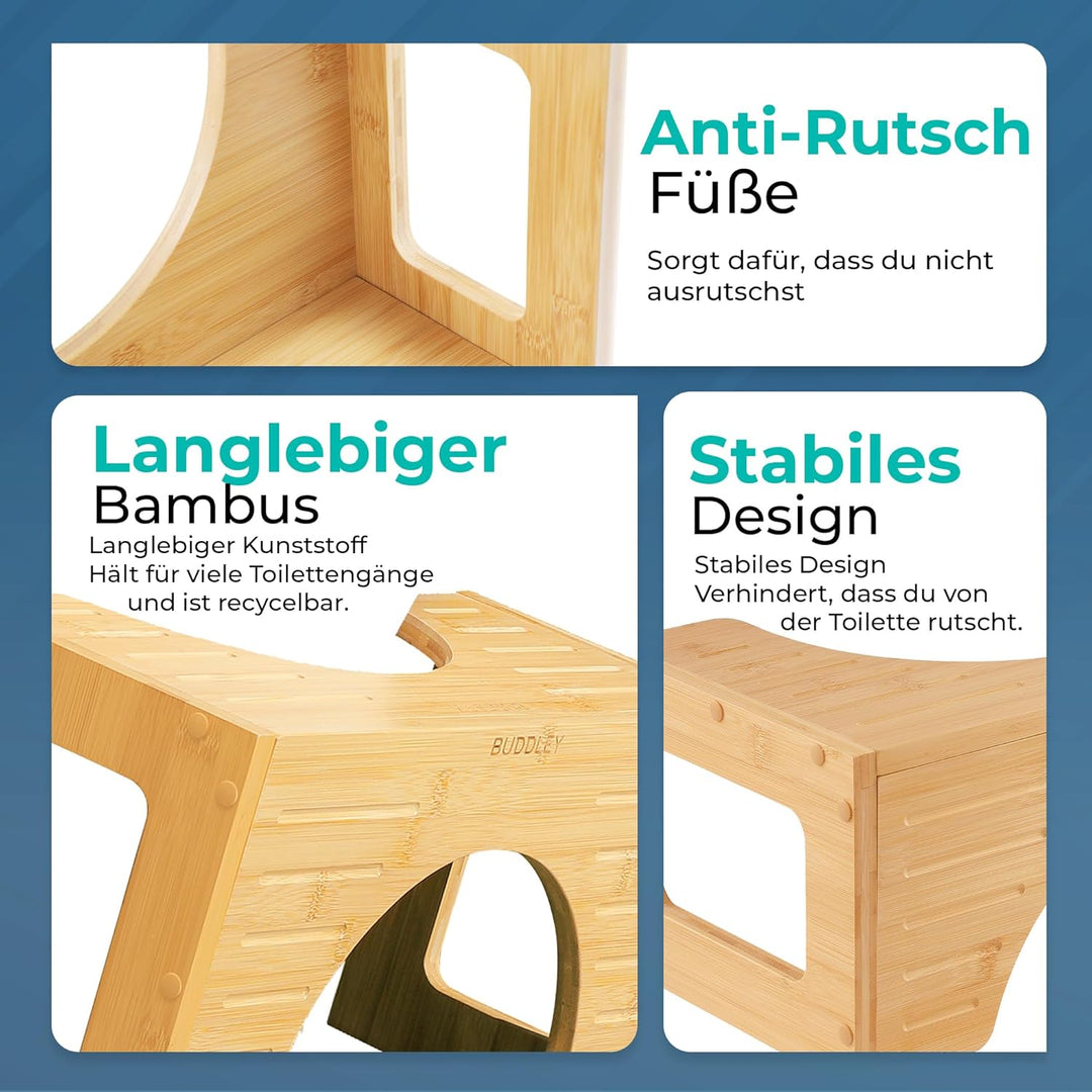 BUDDLEY Toilette hocker klappbar - toilettenhocker Bambus - Klohocker für die richtige Haltung - Toi