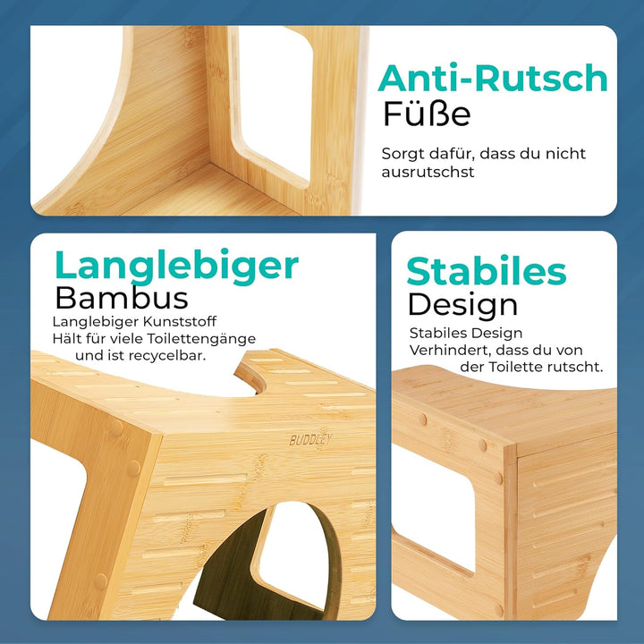 BUDDLEY Toilette hocker klappbar - toilettenhocker Bambus - Klohocker für die richtige Haltung - Toi