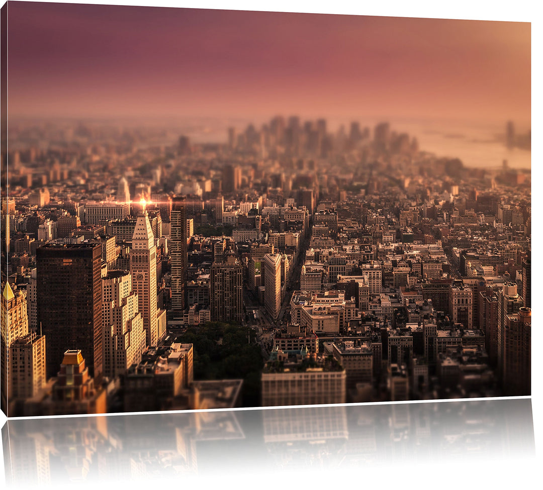 Pixxprint New York City bei Sonnenuntergang / 100x70cm Leinwandbild bespannt auf Holzrahmen/Wandbild