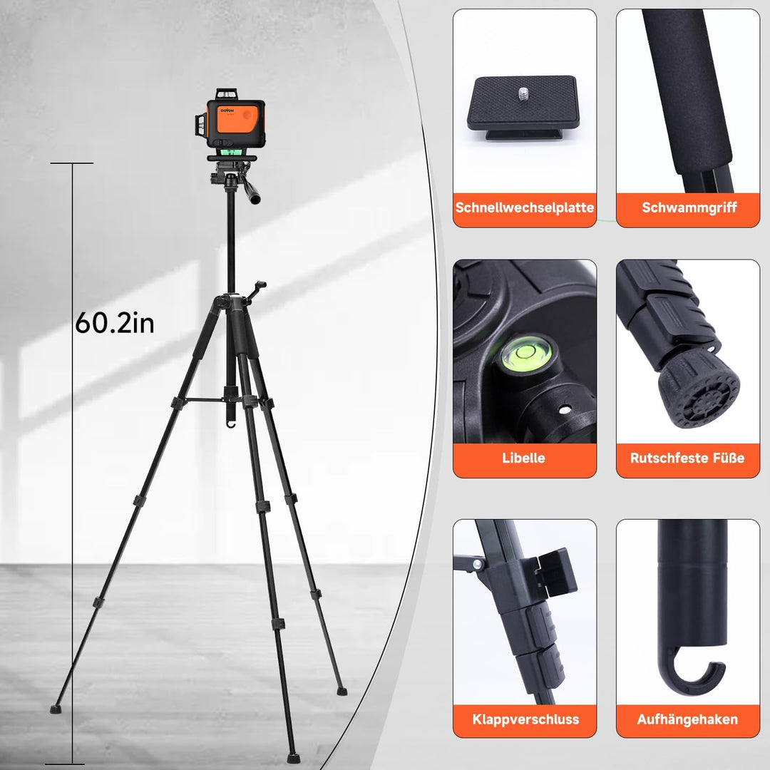 4D Kreuzlinienlaser mit Stativ, DOVOH 360° Selbstnivellierender Grüner Laser, Dual-Akkus, Klass Ⅱ, H