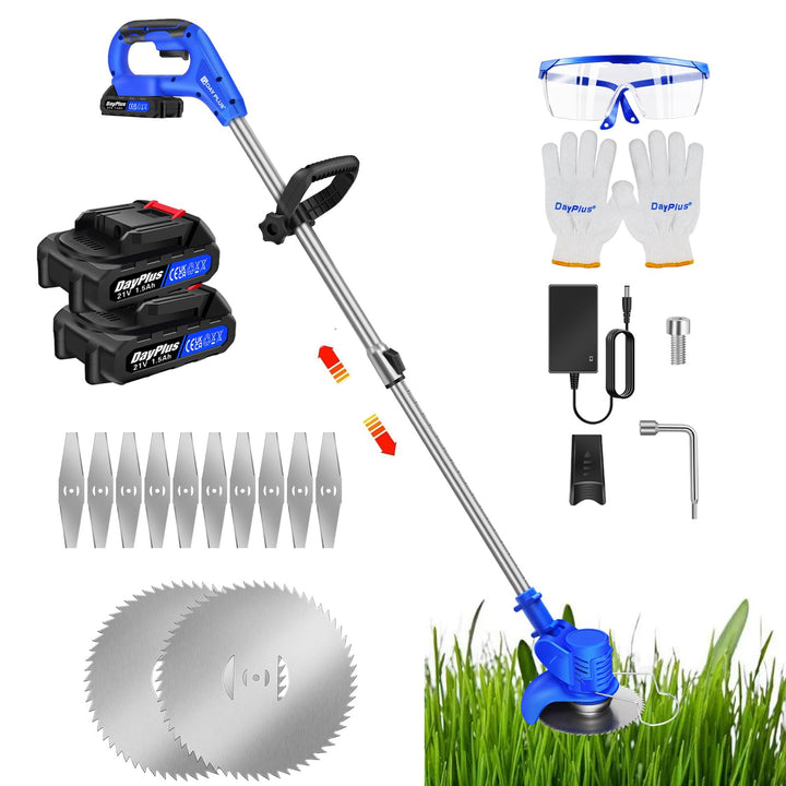 Akku Rasentrimmer mit 2X Akkus, Akku Motorsense Rasentrimmer Rasen Trimmer Garten mit Klingen, Teles