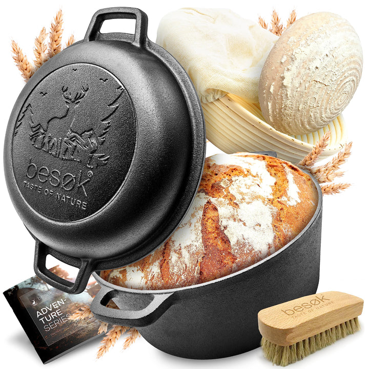 besok Gusseisen Topf Brot Backen [inkl. Gärkorb] - 26cm Brotbackform mit Deckel - Induktion - Brotto