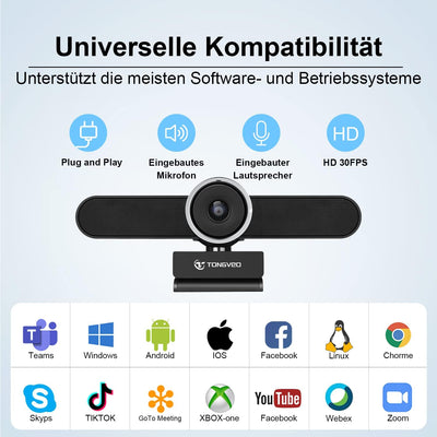 TONGVEO 4K Webcam Konferenzraum- Webkamera mit Mikrofon und Lautsprecher, Computer Videokamera Weitw