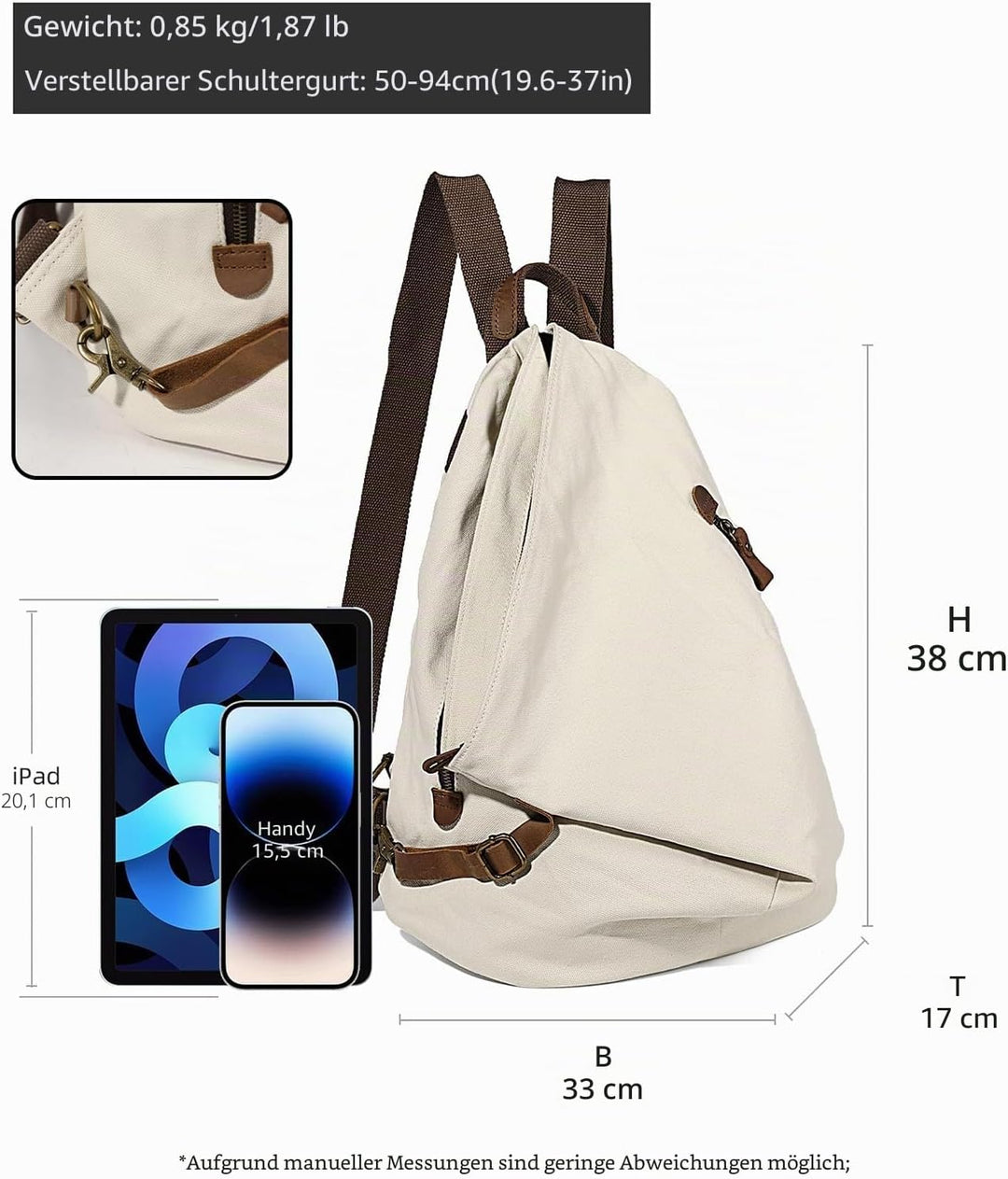 Retro Segeltuch Rucksack Canvas Vintage Rucksäcke Echtleder Daypack Reisetasche Schulterrucksack für