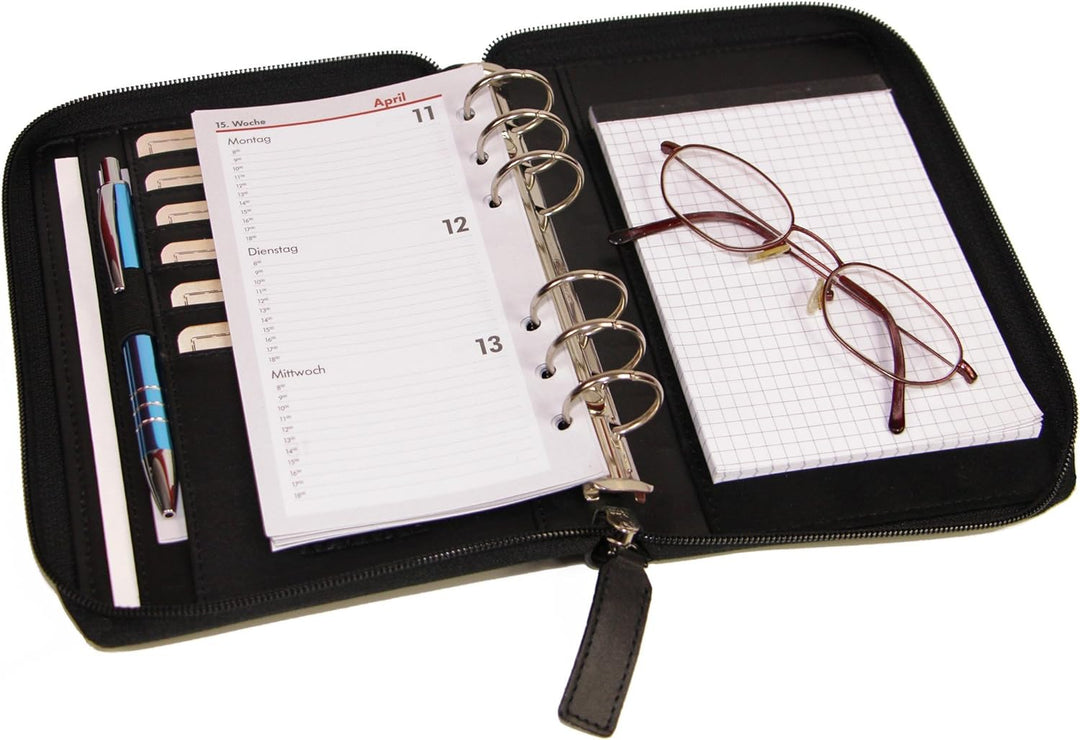 ALMADIH Leder A6 Organizer mit Reissverschluss, Kalender 2024 Notizblock Premium Rindsleder Schwarz