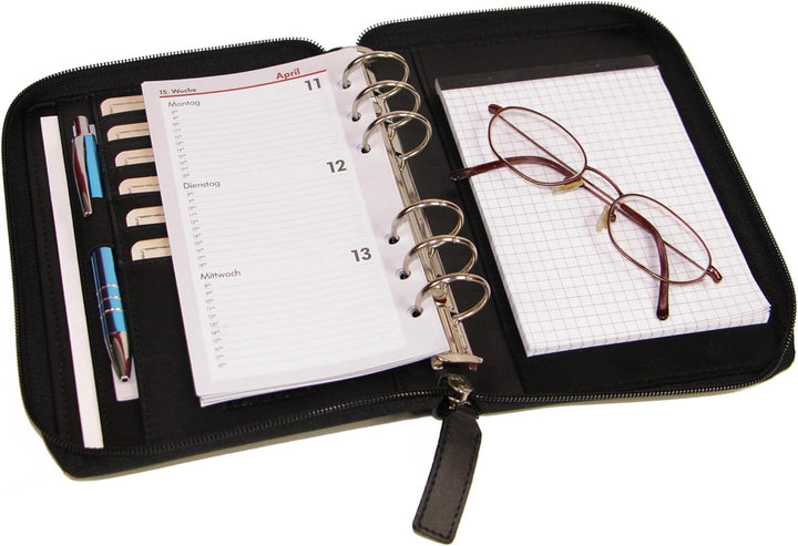 ALMADIH Leder A6 Organizer mit Reissverschluss, Kalender 2024 Notizblock Premium Rindsleder Schwarz