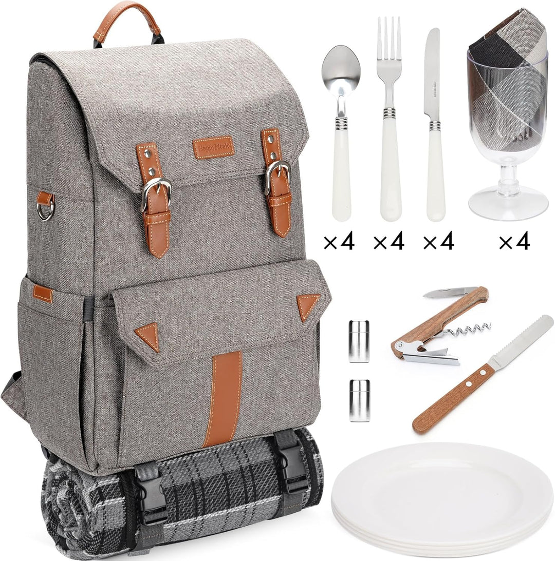 HappyPicnic Insulated Picknickrucksack für 4 Personen mit komplettem Geschirrset, geräumigem Kühlfac