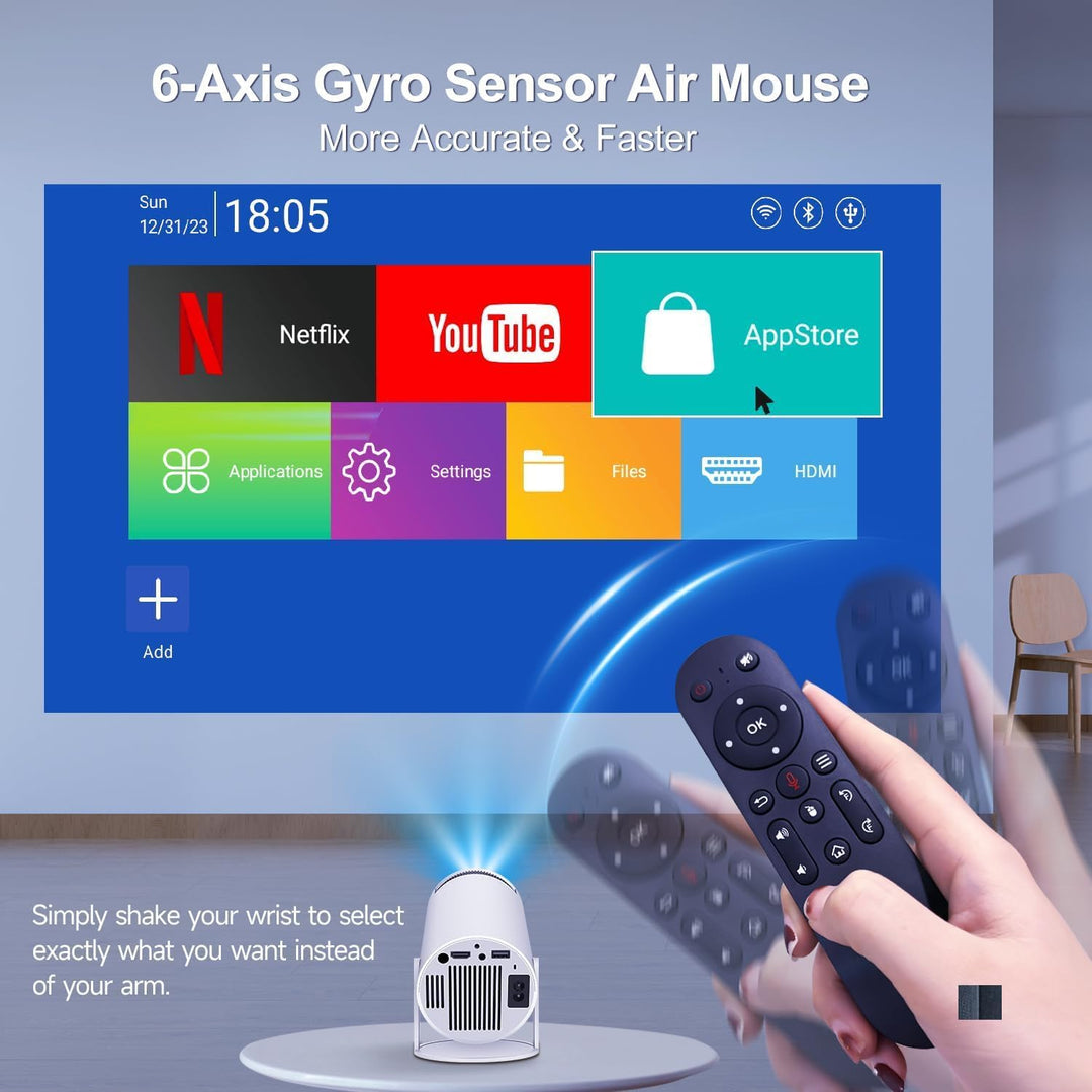 Tragbarer Beamer 4K, 1080P FHD Mini Beamer, kompatibel mit Android und Netflix, WiFi 6, BT 5.0, 180°