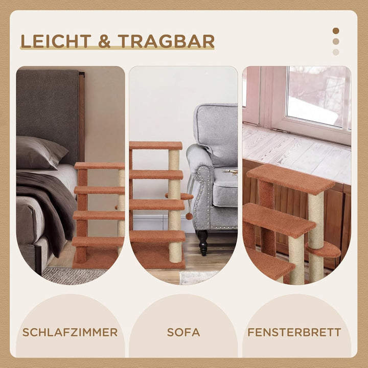 PawHut Katzentreppe 4 Stufen Tiertreppe Treppe für Katze mit Kratzsäulen Ball Haustiertreppe Hundetr
